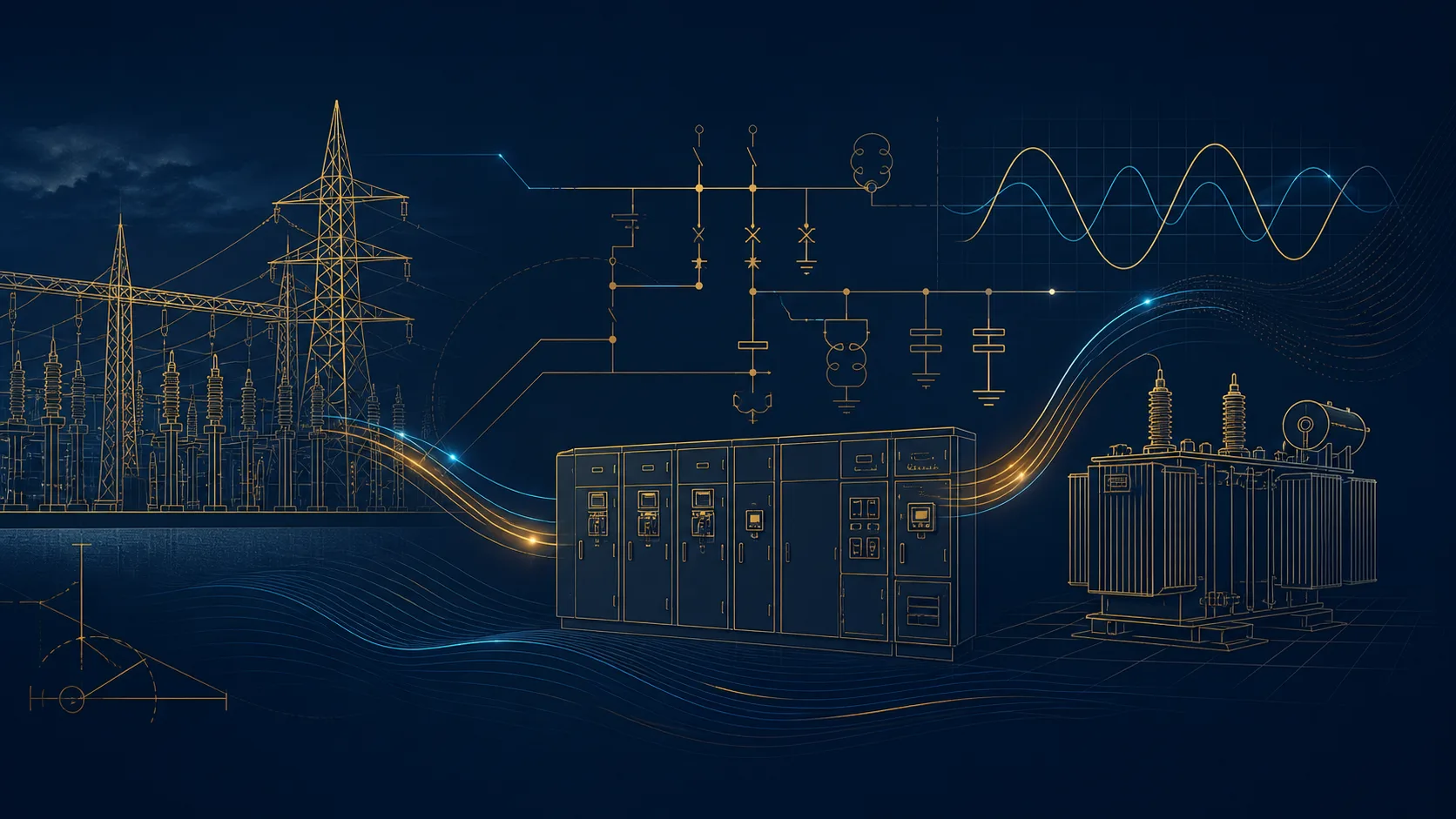 Illustrated electrical distribution system with switchgear, transformer and power-quality waveforms